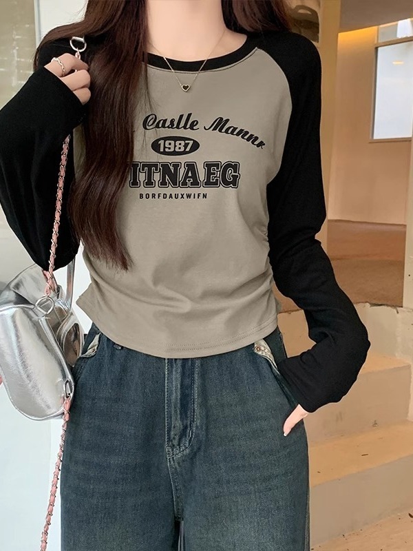 ラグラン袖Tシャツ 秋2025新作 レディース スリムフィット プリント入りインナーシャツ デザイン感のあるプリーツ入り万能ショートトップス|undefined