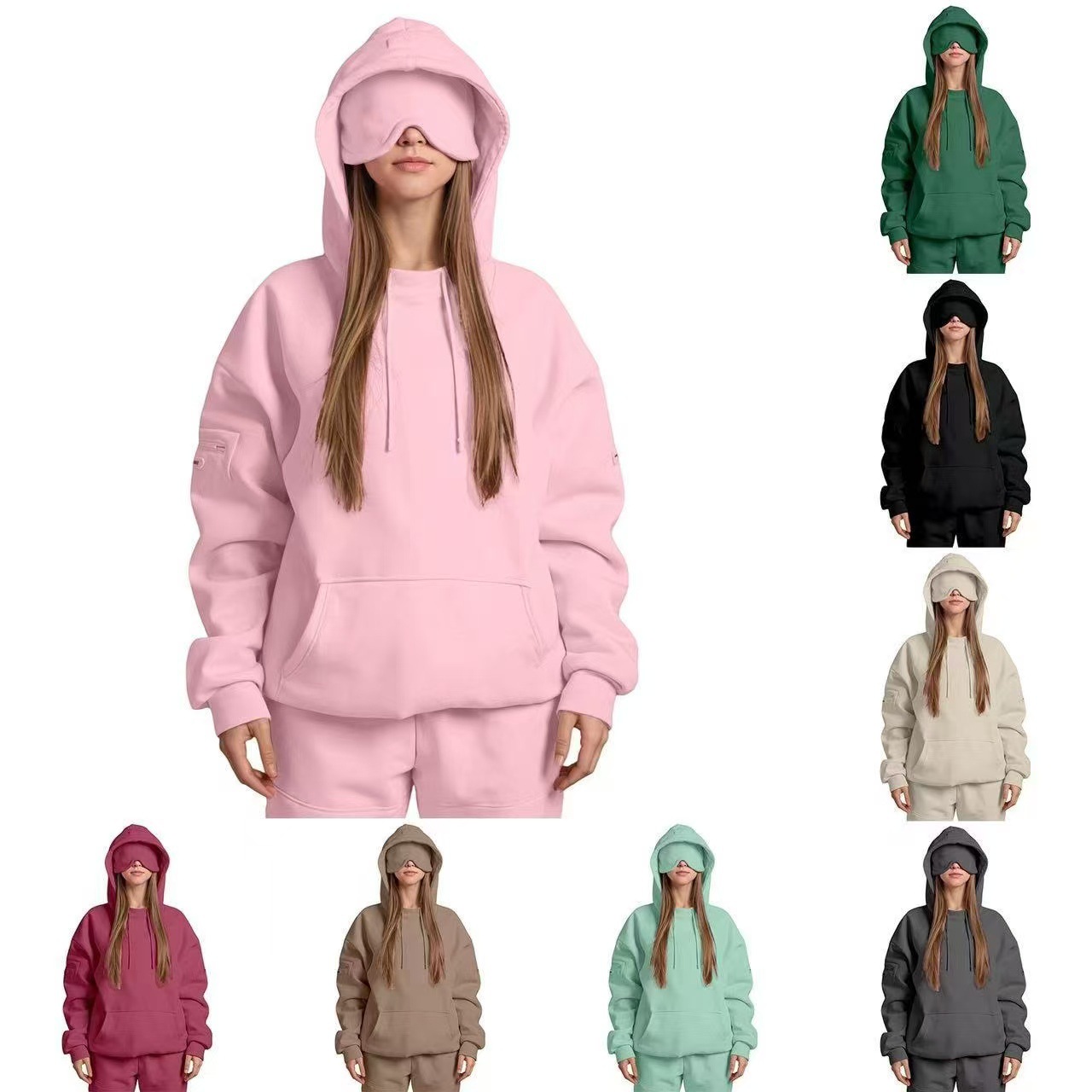 Cross-Border Independent Station Solid Color Sweatshirt for Women European and American New Style Hooded Top with Eye Mask Casual Loose Large Size Jacket for Women