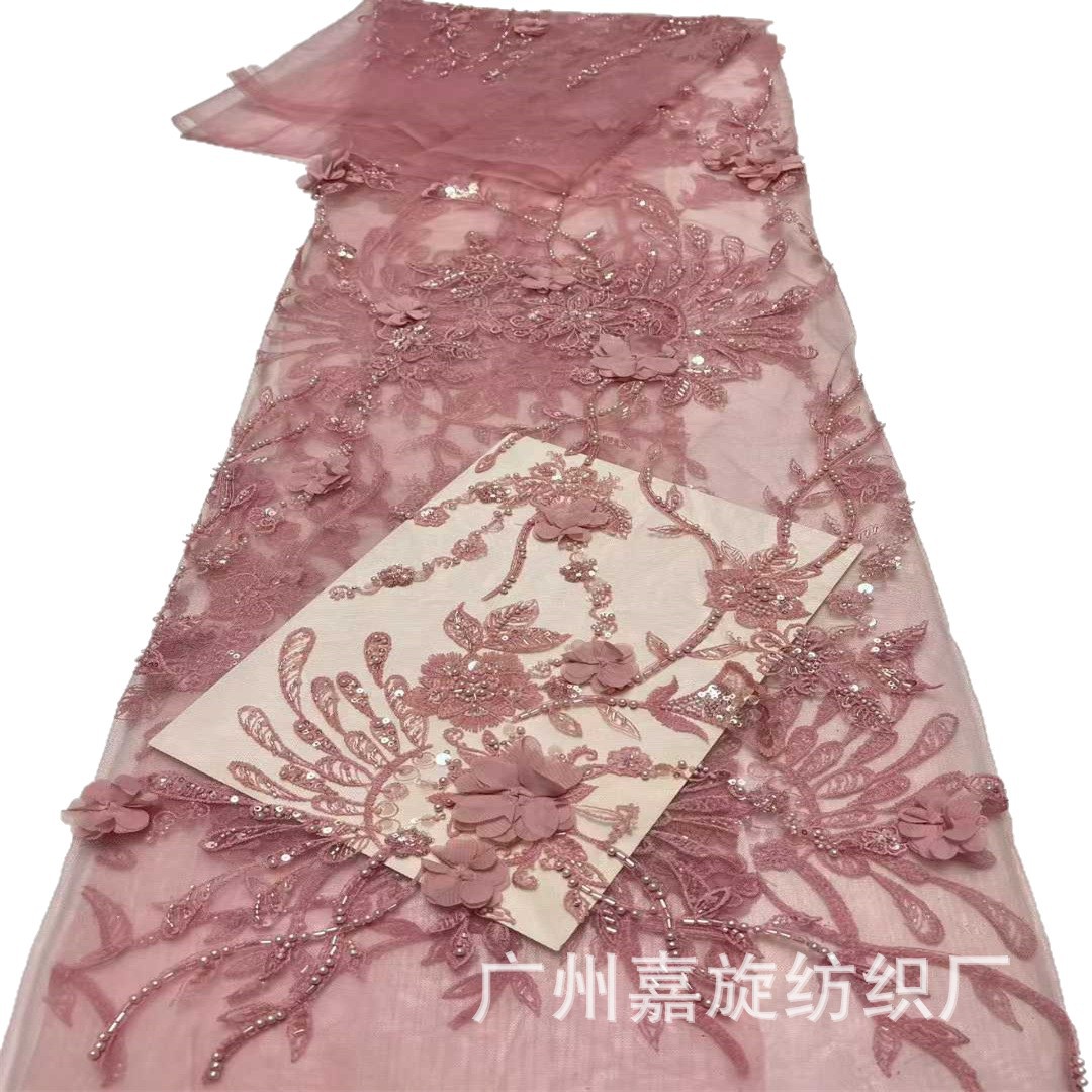 industria pesada bordada vestido de encaje soluble en agua tela de encaje tridimensional pequeño bordado tela de malla de vestido vestido