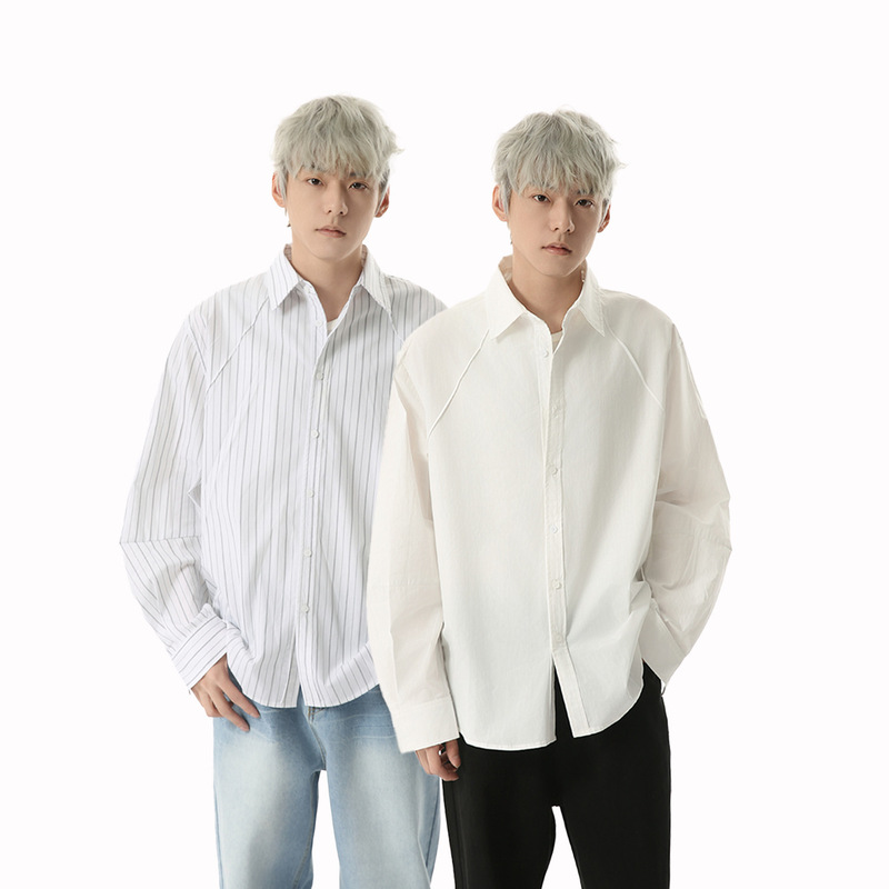 MTLCLOTHES Menswear | Fashion Niche Unique Cut Pinstripe Shirt High Sense Solid Color Trendy Shirt