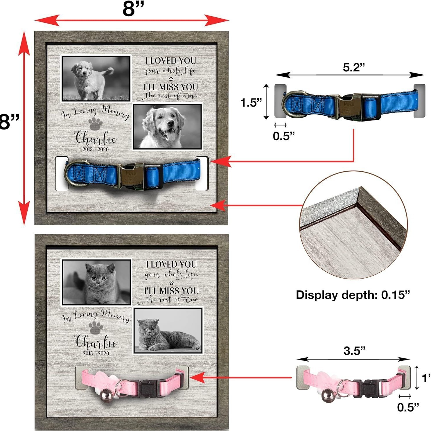 Pet Memorial marco de fotos de madera puede contener collar de perro Registro de crecimiento marco de fotos mascota regalo perdido Marco de Fotos decoración