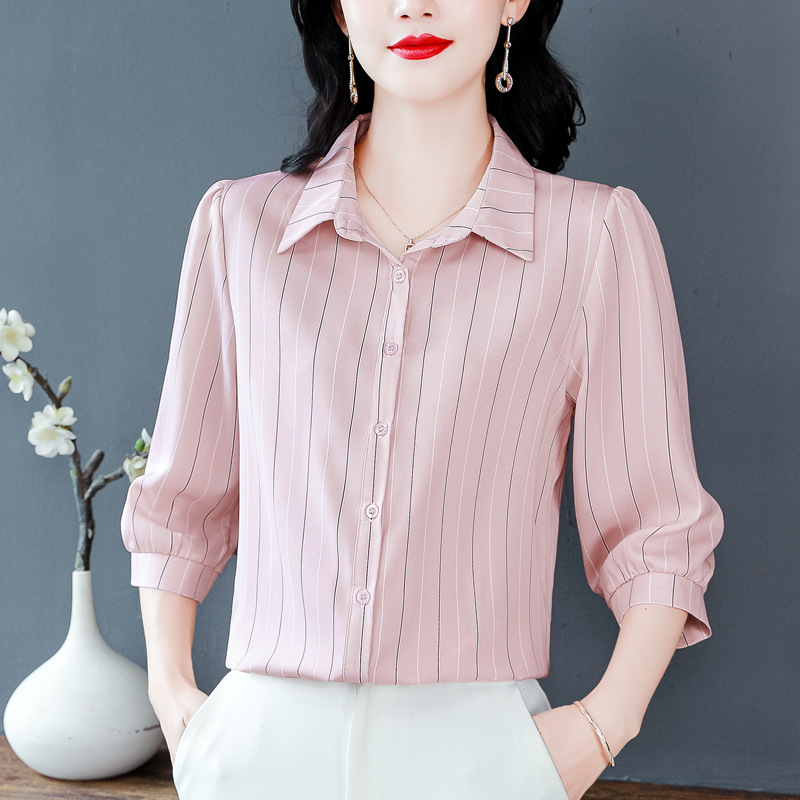 女性のためのファッショナブルな七分袖シフォンシャツ 2025 夏の新しいスタイルの多用途気質シャツ西洋スタイルの年齢を減らすママトップ|undefined