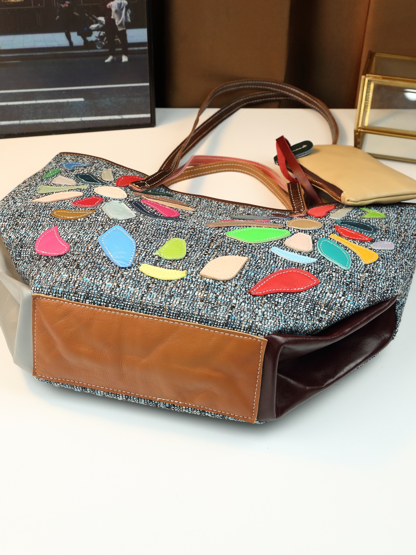 Women Genuine Leather Shoulder Bag Patchwork Irregular Graphic_voghion.com