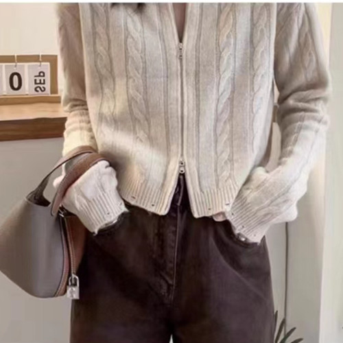 Fall/Winter Lazy, Casual, and Elegant Round-Neck Short Cable-Knit Cardigan with Dual Zippers – Women's Top