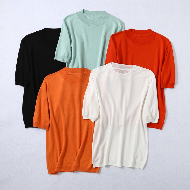 Commuting New Style Fine Imitation Silk Cotton Round Neck Short-sleeved Solid Color Knitted Base Shirt Women's T-shirt Half High Collar Top Commuting New Style Fine Imitation Silk Cotton Round Neck Short-sleeved Solid Color Knitted Base Shirt Women's T-shirt Half High Collar Top