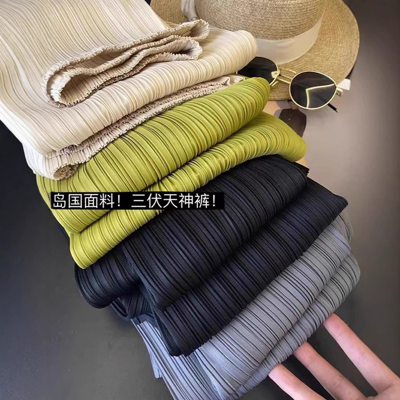 Ice Silk Casual Pants for Women, Summer Thin High-Waisted Loose Slimming Pleated Pants, Acetate Pleated Cropped Straight Pants