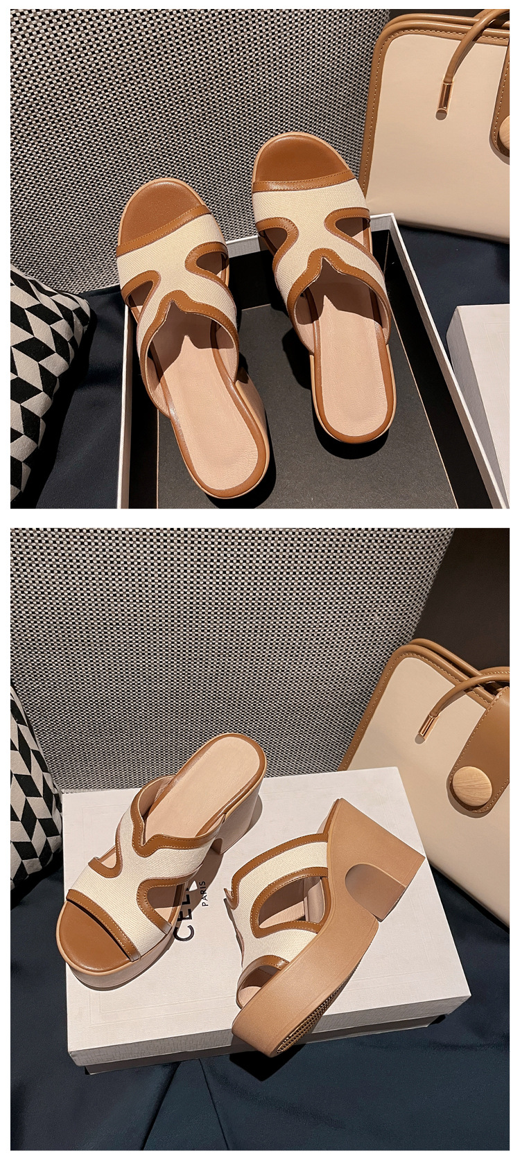 Dép sandal nữ quai chữ V da bò cao cấp đế xuồng dày, gót thô hở mũi, mùa hè — màu kaki chi tiết 16