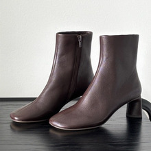 小方头复古手工牛皮粗跟女靴2025秋冬高跟瘦瘦短靴洋气欧货轻奢靴