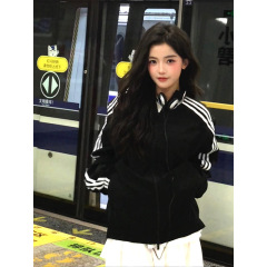黑色三条杠外套女早秋韩系穿搭立领美式卫衣休闲拉链短款运动上衣