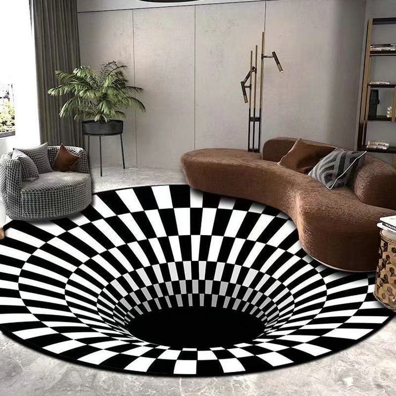 3D visual vértigo ilusión trampa alfombra redonda blanco y negro sala de estar mesa de café de cristal terciopelo casa dormitorio alfombra del piso