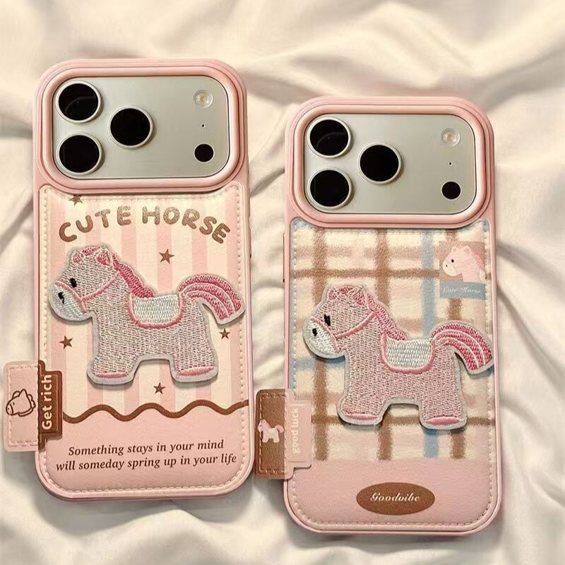 Pink Embroidered Pony Suitable for Apple 17 Phone Case with Polka Dot Leather Texture and Mirror Stand iPhone 16 Protective Case 15
