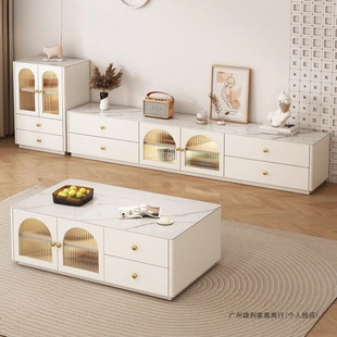 Cream Style Tv Cabinet Coffee Table Combination Modern Simple Living Room Home Small Apartment Solid Wood Floor-Standing Slate Floor Cabinet
