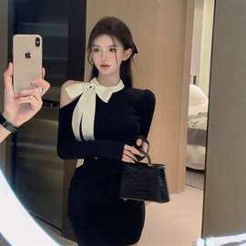黑色辣妹纯欲风露肩连衣裙女秋冬设计感小众紧身修身显瘦包臀短裙