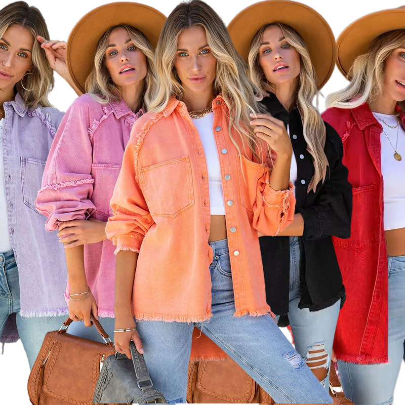 Europe and the United States autumn and winter New long loose fur stitching pocket cross-border Amazon shirt denim coat women