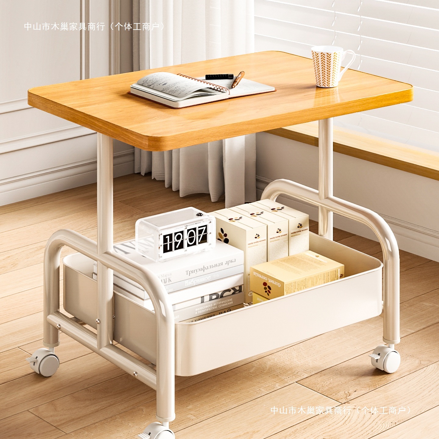 Trolley Double-Layer Side Table Living Room Sofa Removable Coffee Table Storage Small Table Wheeled Tea Table Bedroom Storage J&