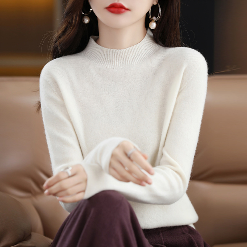 Ropa de primera línea medio cuello alto 100 suéter de lana pura suéter de color sólido de las mujeres camisa de fondo de punto del todo fósforo
