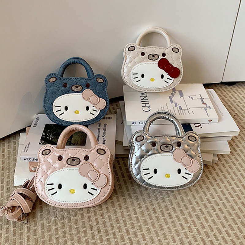 可爱KT猫脸手提拎包女韩系新款洋气菱格少女心亲子迷你小包斜挎包