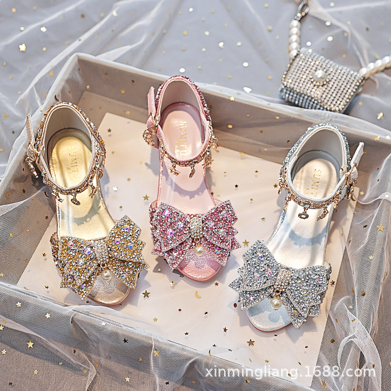 New children's high heel Crystal Princess shoes middle and big children Primary School students performance stage host sandals catwalk girls shoes