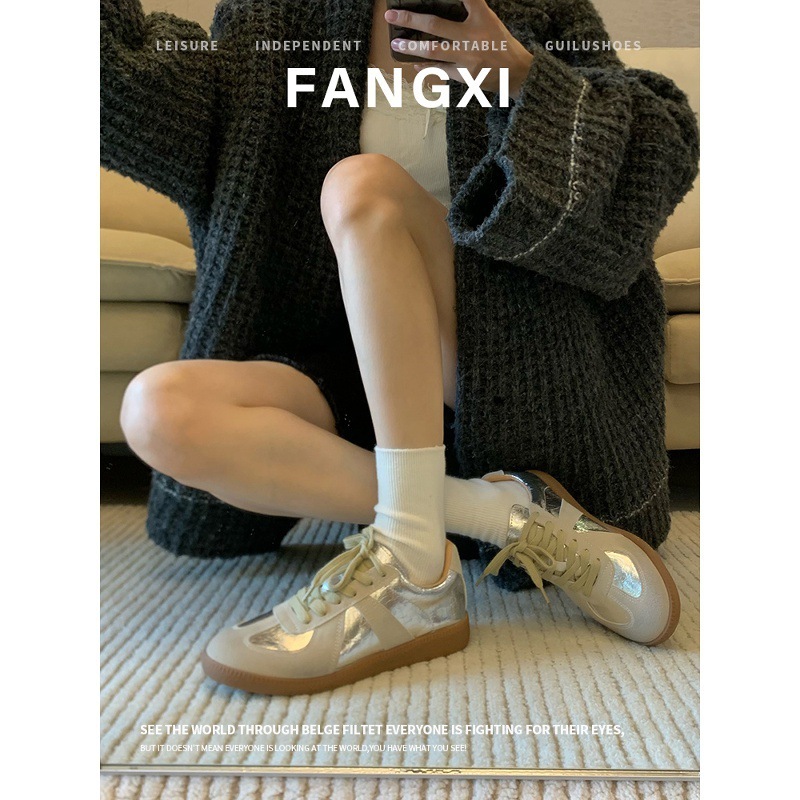 牛皮版新款复古百搭银色真皮德训鞋女平底板鞋系带运动鞋休闲鞋子|undefined