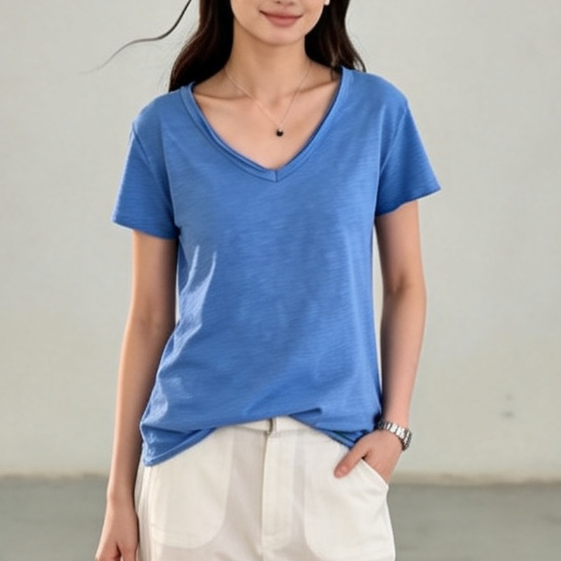 Qianran V-Neck Washed Bamboo Cotton Raw Edge Short-Sleeve T-Shirt Rolled Edge Base Shirt Top for Women Qr74 Cross-Border Hot Keyword Qianran V-Neck Washed Bamboo Cotton Raw Edge Short-Sleeve T-Shirt Rolled Edge Base Shirt Top for Women Qr74 Cross-Border Hot Keyword