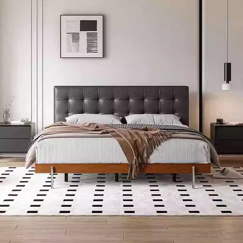 Medieval estilo waffle cama principal atmósfera de alta gama italiana minimalista madera maciza bolsa suave cama doble de piel de vaca negra image 3