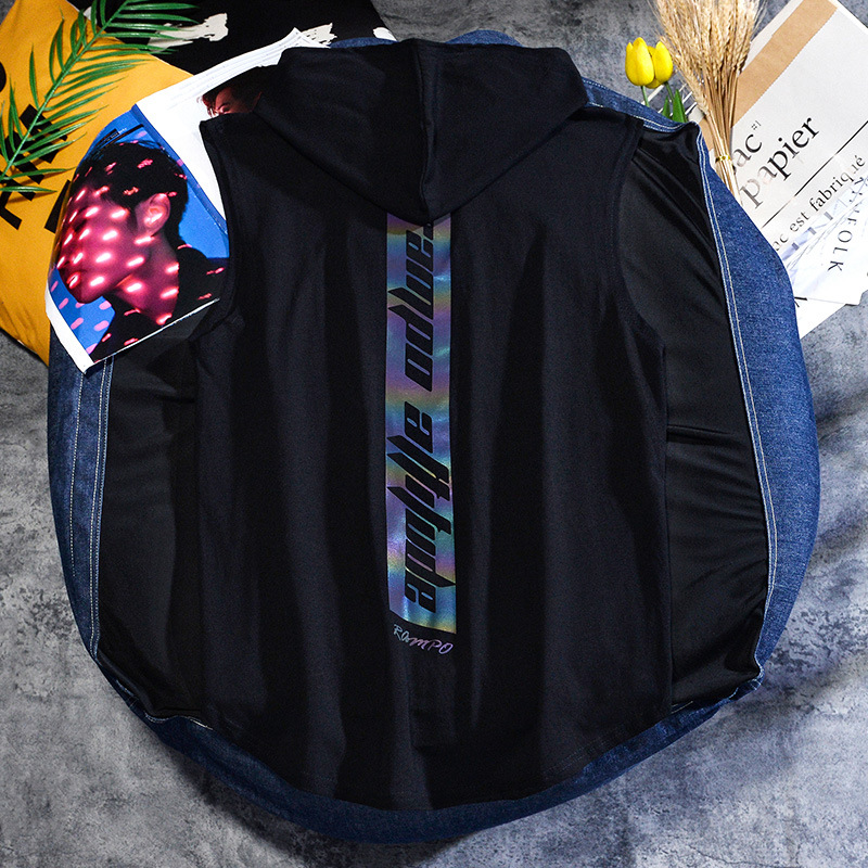 T-shirt senza maniche in cotone di cotone Xinjiang a fiocco lungo gilet maschile marea marca laser riflettente con cappuccio sciolto taglie forti T-shirt marea_voghion.com