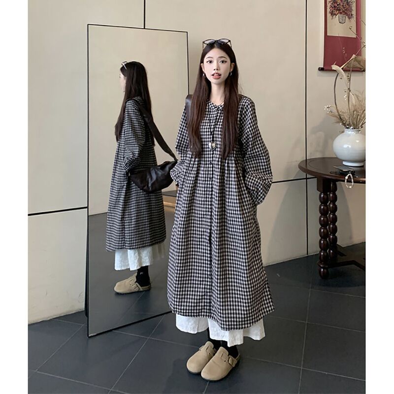 Early Autumn Sweet College Girl Loose Plaid Long-Sleeved Dress Layered with Lazy Style Mid-Length Style for Small People