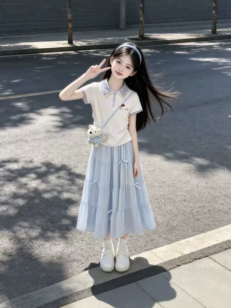 Girls' Summer Outfit New Style Korean Version Plaid Shirt Short-Sleeve Skirt Two-Piece Set Sweet and Cute