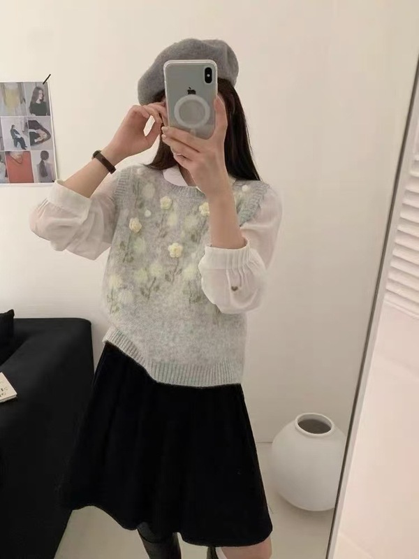 韩系圆领立体花朵软糯针织马甲女秋冬新款宽松甜美毛衣背心无袖潮|undefined