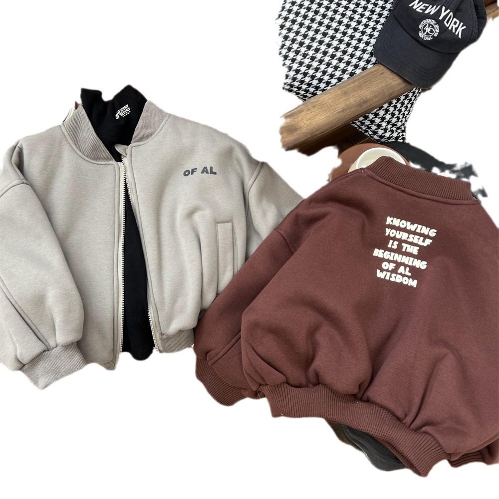 Korean children's clothing, winter boys and girls, plush baseball jacket, thick letter zippered sweater, hoodie jacket_voghion.com