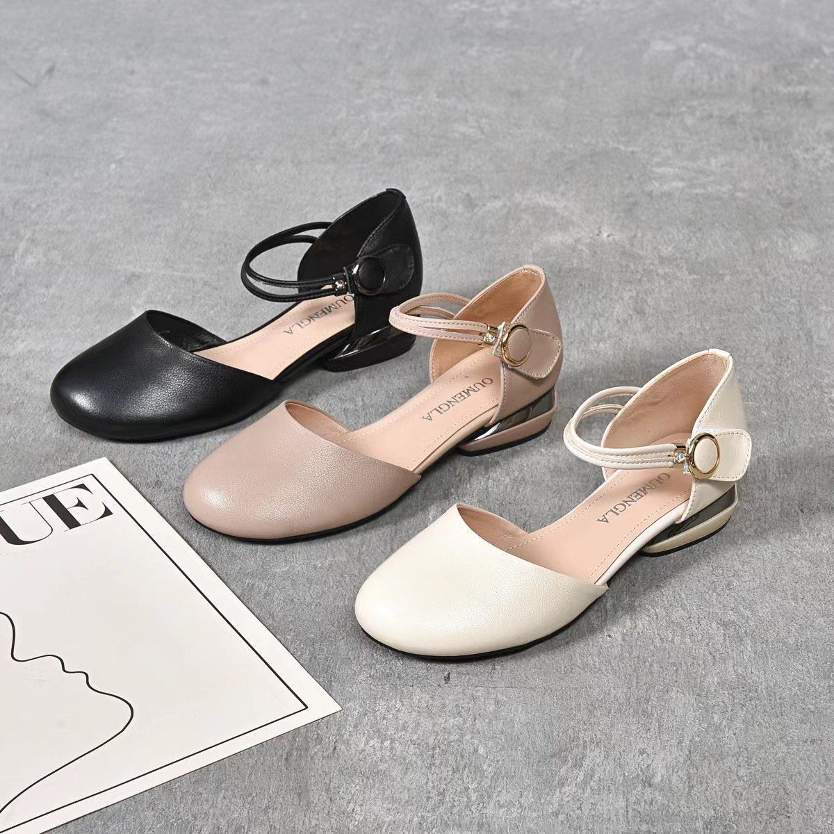 Sandal nữ mũi tròn da thật quai đơn gót thấp đế mềm — Màu đen chi tiết 9