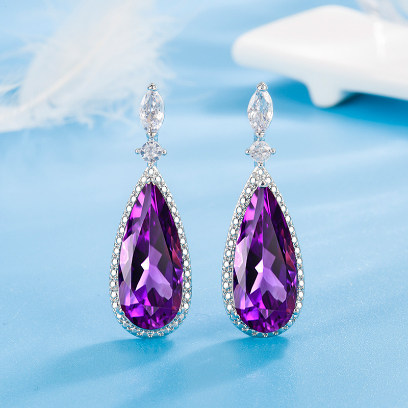 跨境欧美风经典水滴耳环微镶锆石紫色大水晶长款耳坠女伴新娘配饰