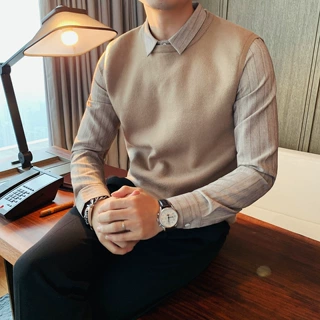 高端轻奢内搭假两件针织衫男高级感修身加绒加厚条纹衬衫领毛衣潮