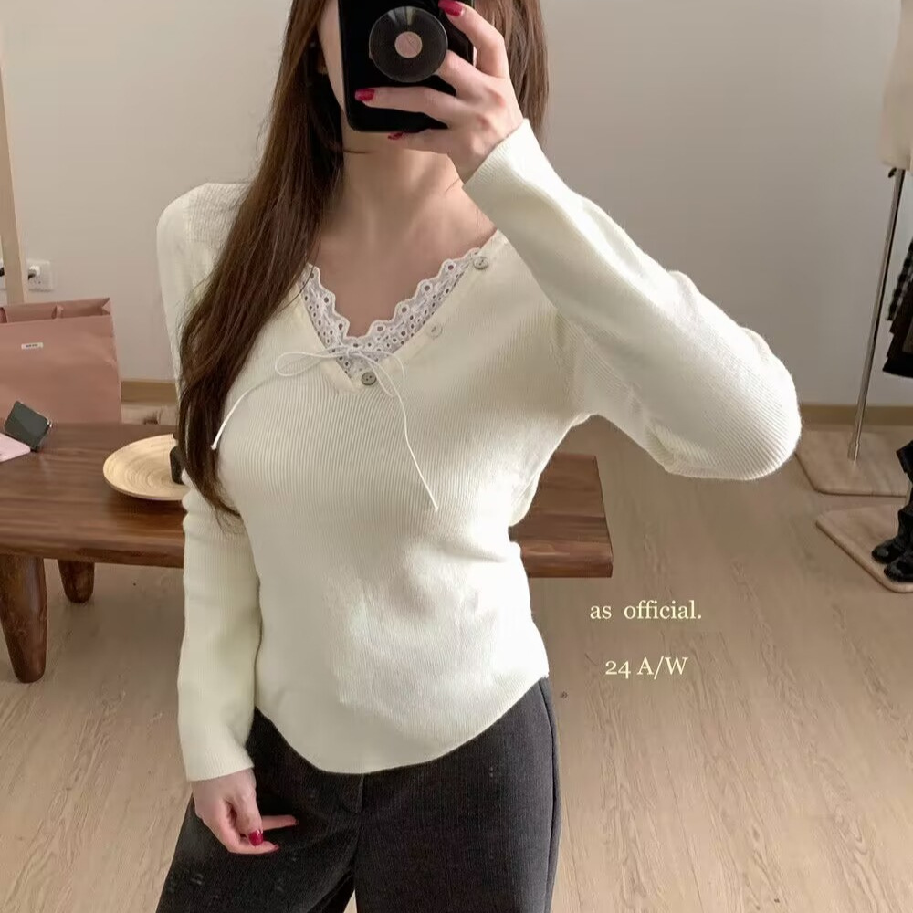 공식적인 가을과 겨울로 새로운 여성의 레이스 바느질 V-NECK 싱글웨어 니트웨어 여성용 11826