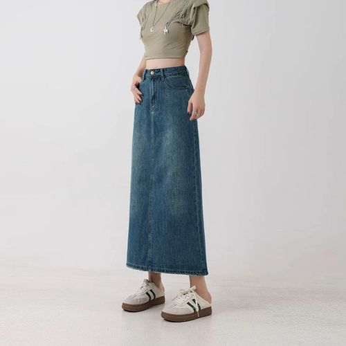 Half-length Vintage Blue High-Waist A-Line Denim Skirt for Women, Trendy and Slimming, 2025 Summer Collection