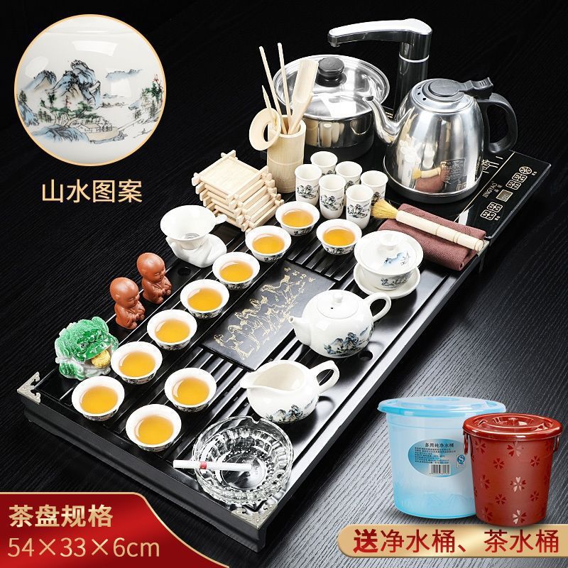 8마 차 트레이 + 백자 풍경 차 세트