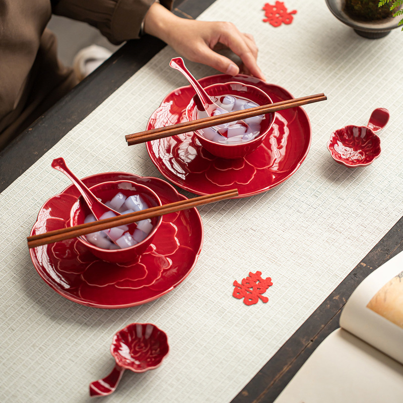 Red Festive Tableware for Home Use, Wedding Gift for Newlyweds, Practical Bowl, Plate, Chopsticks, and Dish Set for Moving into a New Home