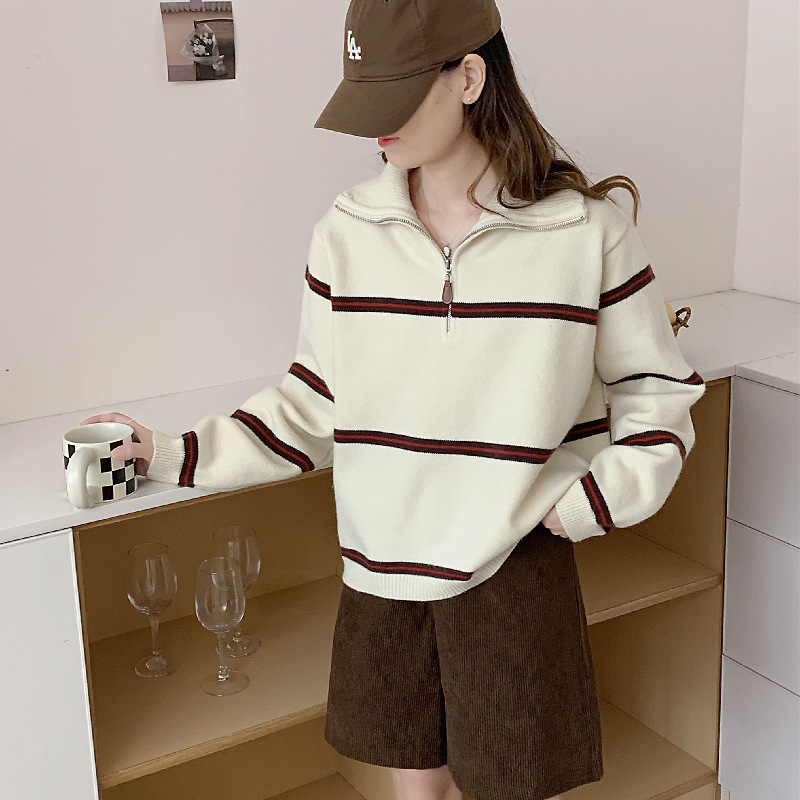 Autumn and Winter New Style Lapel Half-Zip Stripesd Pullover Sweater for Women Korean Style Niche Design Western Style Short Top Autumn and Winter New Style Lapel Half-Zip Stripesd Pullover Sweater for Women Korean Style Niche Design Western Style Short Top