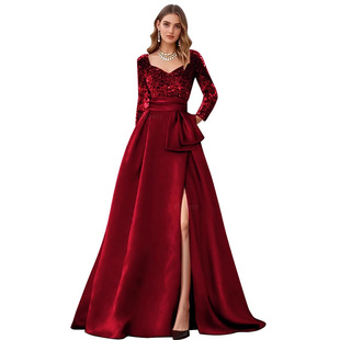 Aliexpress European and American Evening Dress Blue Long-Sleeved Banquet Elegant Elegant Sequin Slit Design Dress Long Dress for Women