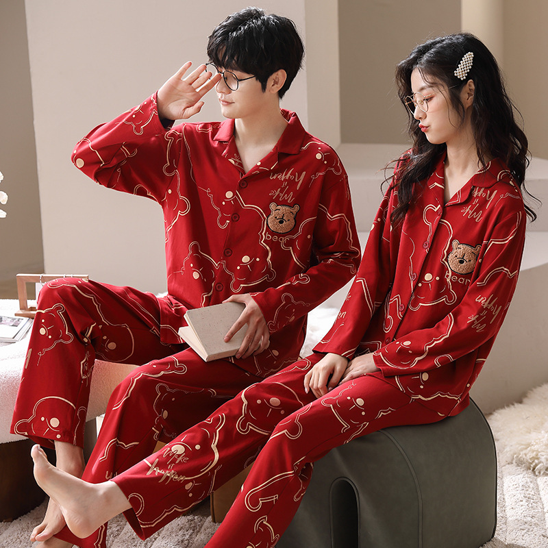 Red Couple Pajamas Autumn and Winter Long-Sleeved Cartoon Bear Print Pure Cotton Home Clothes Autumn Men and Women Wedding Pajamas