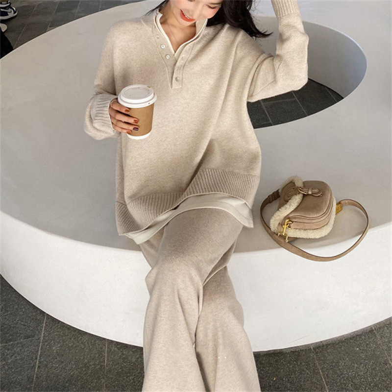 Damenbekleidung High-End-Mode im französischen Stil, lässiger Strickanzug für Damen, Herbst und Winter, lockerer zweiteiliger Hosenanzug mit weitem Bein, zweiteiliger Pullover-Trend_voghion.com