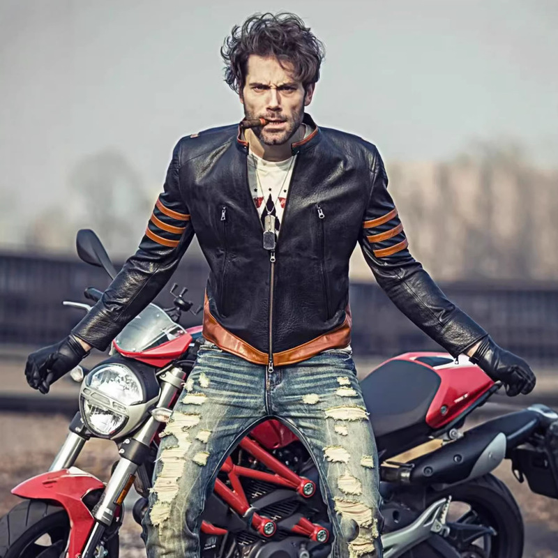 Cross-Border Vintage Motorcycle Leather Jacket for Men, Stand-Up Collar Pu Leather Jacket, Slim Fit Trendy Riding Jacket, Wolverine Style Leather Jacket