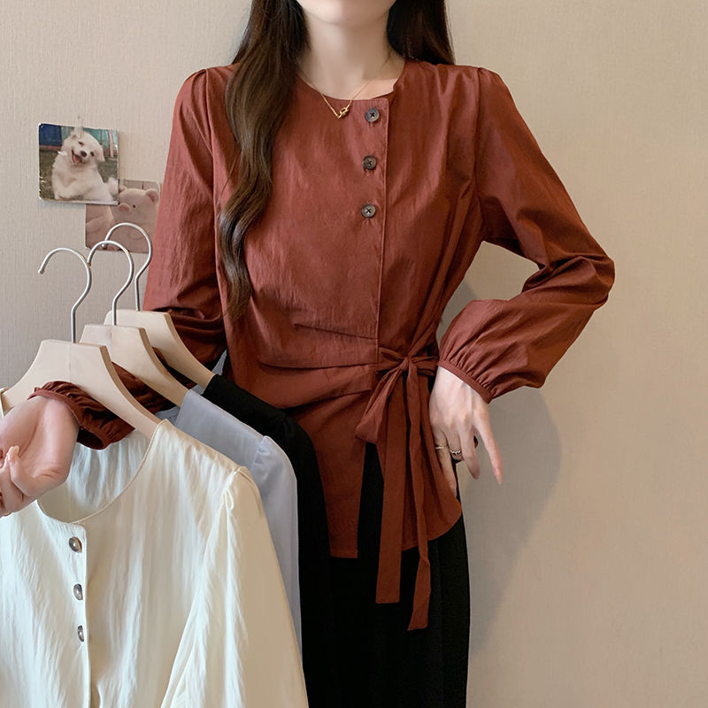 女装秋装新款2025法式新品感不规则衬衫褶皱绑带休闲上衣黑色白色|undefined