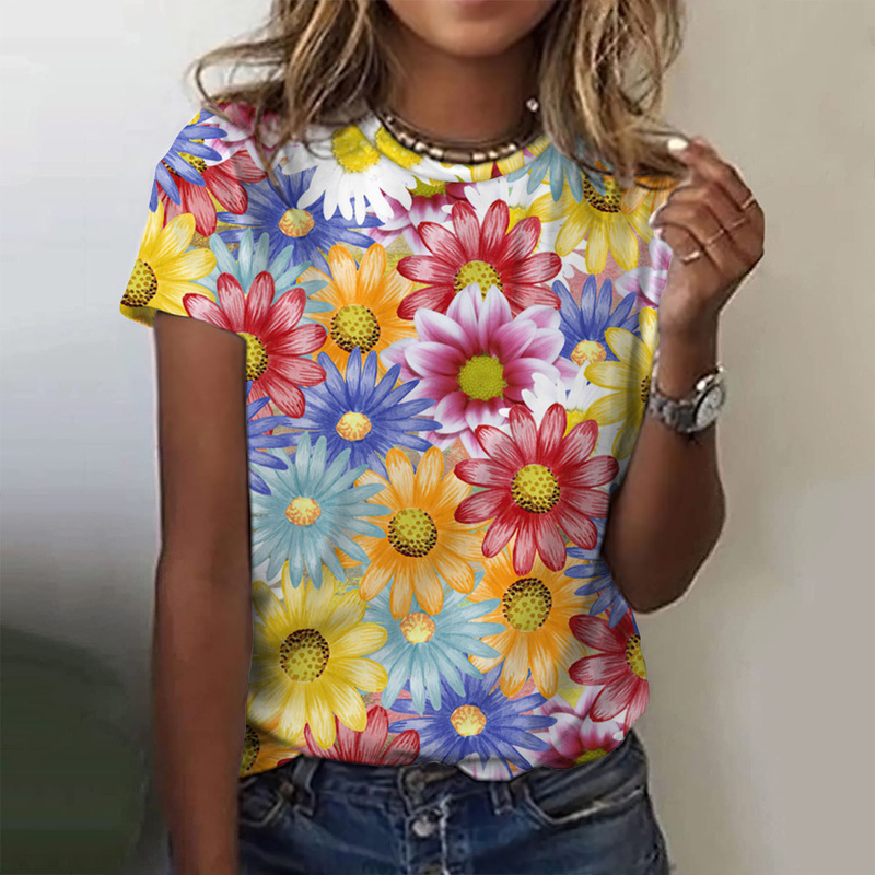 2024 Summer European and American Cross-Border Export Amazon Round Neck Short-Sleeved Women's T-Shirt 3D Flower Print Casual Top