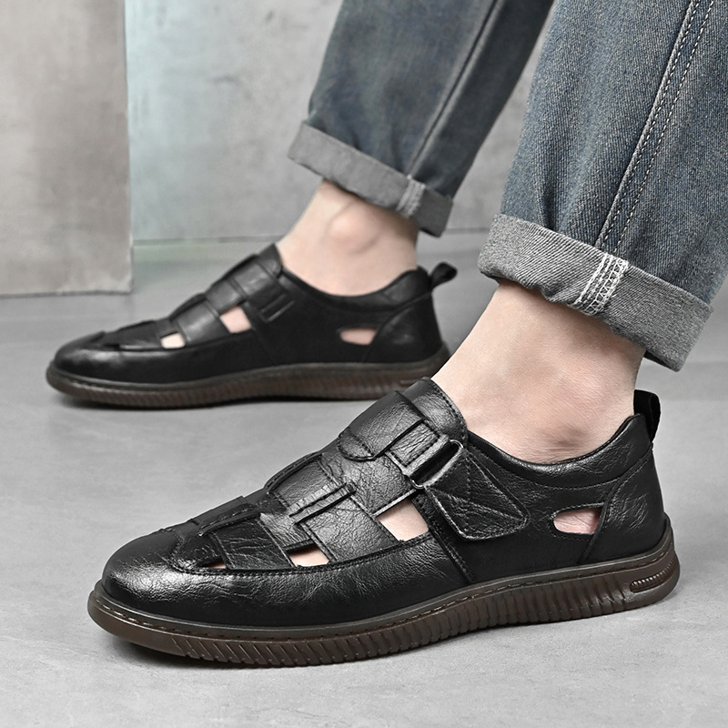 Men's Leather Sandals With Breathable Hollow Design For Summer_voghion.com