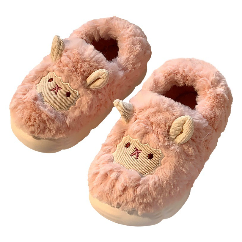 Милые маленькие хлопковые тапочки с овечками для женщин на осень и зиму, домашние толстоподошвенные женские тапочки с мультяшным мехом для дома.