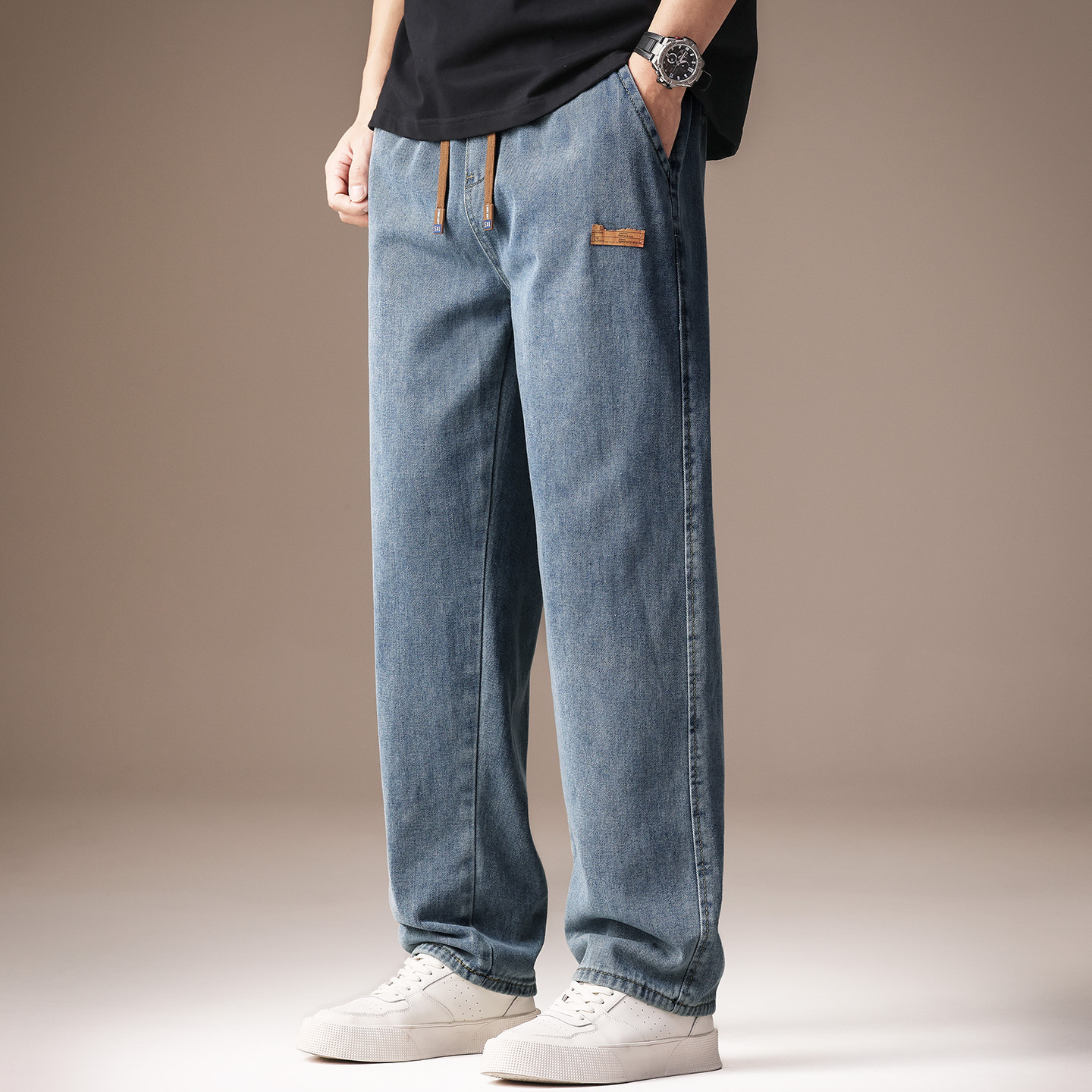 High-End Washed Distressed Elastic Waist Jeans Men's High Street American Summer Thin Straight Wide-Leg Retro Casual Pants