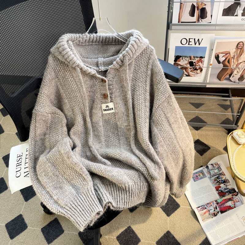 韩版宽松慵懒风连帽毛衣女秋冬2025新款软糯加厚抽绳针织卫衣上衣|undefined