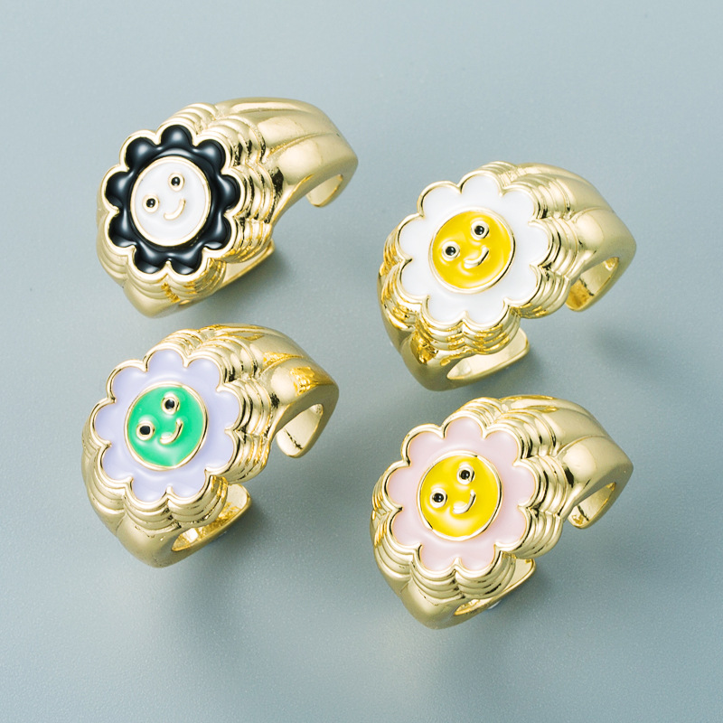 Fashion Copper Color Oil Drip Sun Flower Smiley Face Open Ring Wholesale Nihaojewelry display picture 2