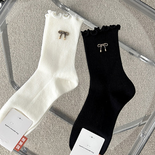 Jewelry Socks European-made Light Luxury Decorative Metal Bow Hand-stitched Spring and Autumn Cotton Socks Women's Socks Double Needles Black and White